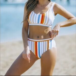 Pink Lily Women Crop Top Bikini Set Striped Printed High Waisted Sporty Swimsuit
